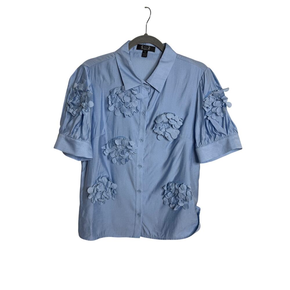 A.Z.I Felicia Blouse Women's Medium Blue Short Sleeve Floral Appliques MSRP$113 - Picture 6 of 6